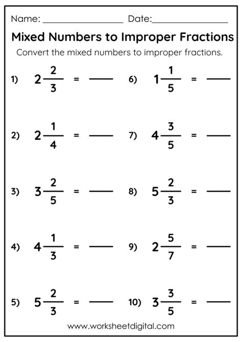 Converting Mixed Numbers To Improper Fractions Worksheet Digital