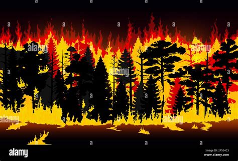 Forest Fire Burning Trees And Grass Vector Wildfire Cartoon Natural