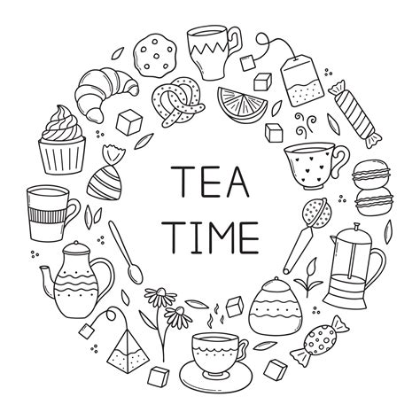 Hand Drawn Set Of Tea Time Doodle Icons Teapots Cups Lemon And