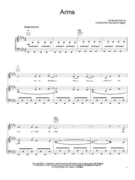 Christina Perri Arms Sheet Music Notes Chords Piano Vocal And Guitar Right Hand Melody