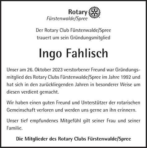 Traueranzeigen Von Ingo Fahlisch M Rkische Onlinezeitung Trauerportal