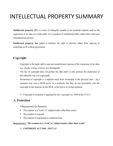 Intellectual Property LAW Summary Intellectual Property IP Is A