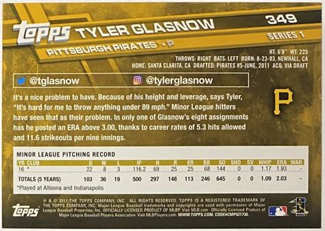 Tyler Glasnow 2017 Topps Pittsburgh Pirates Baseball Rookie Card KBK