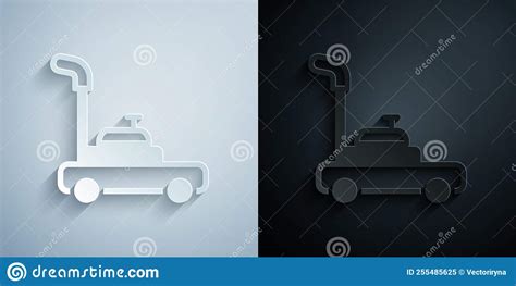 Paper Cut Lawn Mower Icon Isolated On Grey And Black Background Lawn