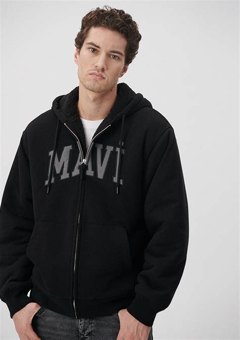 Mavi Logo Baskılı Fermuarlı Siyah Sweatshirt Mavi