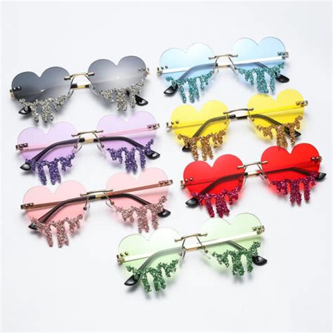 Trendy Heart Shaped Blue Lens Sunnies Women S Rhinestone Rimless