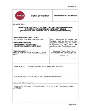 Fillable Online FORM OF TENDER Tender No CT1506G031 SATS Ltd Fax