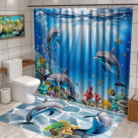 Dolphins Under The Sea Shower Curtain Set Bathroom Decor With