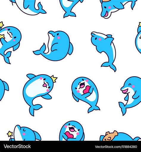 Cute Kawaii Dolphin Seamless Pattern Royalty Free Vector