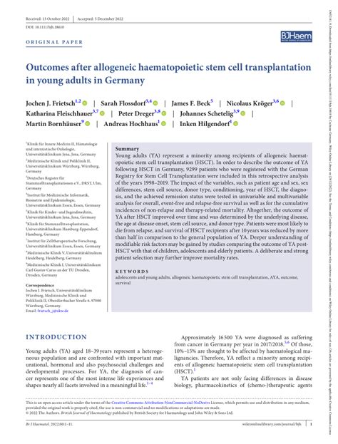 Pdf Outcomes After Allogeneic Haematopoietic Stem Cell Transplantation In Young Adults In Germany