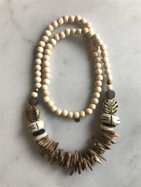 Wooden Beaded Necklace With African Bone Beads Recycled Glass Beads