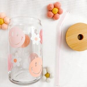 Retro Smileys Glass Can Cup With Lid And Straw Boho Style Happy Face