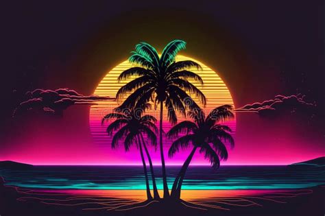 Palms In Sunset With Neon Rays Neon Palm Tree Sunset Stock