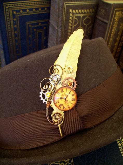 Steampunk Hat Pin Or Brooch Ha32 Raw Brass Feather Glass