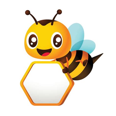 Cartoon Smiling Bee Holding Blank Honeycomb Shape Signboard Character