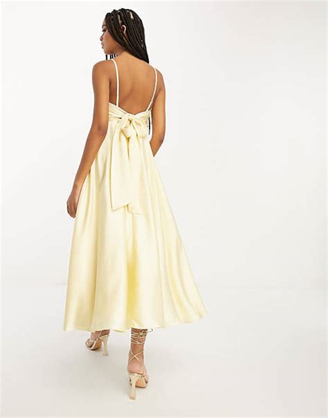 Asos Design Bridesmaid Satin Midi Dress With Tie Back In Lemon Asos