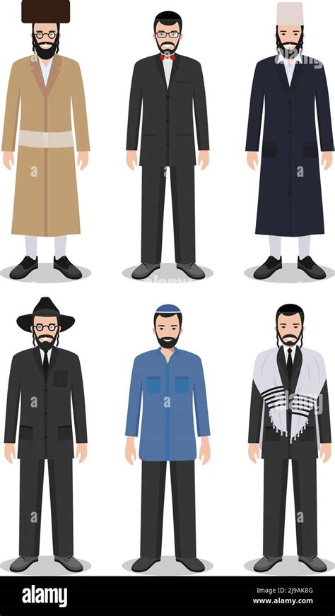 Detailed illustration of different standing jewish men in the traditional national clothing ...