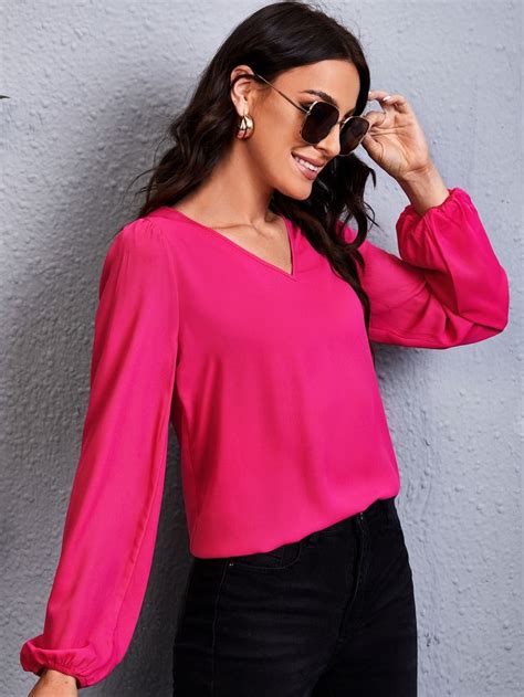 Hot Pink Elegant Long Sleeve Polyester Plain Top Embellished Non