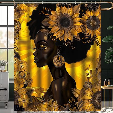 Sunflower Hair Black Woman Shower Curtain Golden Yellow And Black