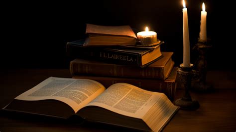 Open Book Holding Candle While Lit Against Darkness And Night Time Background Literature