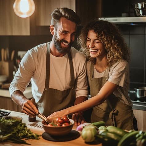 Premium Photo | A couple in a kitchen happily cooking and laughing together