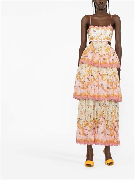 Zimmermann Laurel Long Multicolor Frill Dress With Floreal Print In