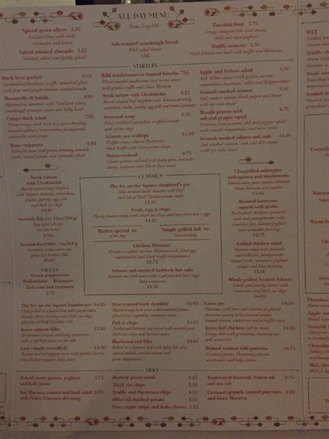 Menu at The Ivy On The Square Edinburgh pub & bar, Edinburgh