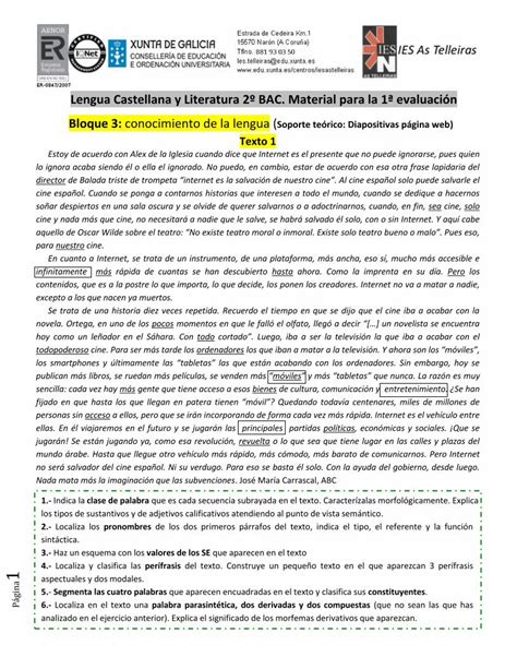 PDF Lengua Castellana y Literatura 2º BAC Material para la 1ª a