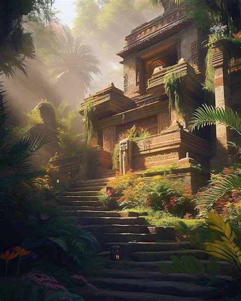 Premium Photo | A temple in the jungle with a jungle background