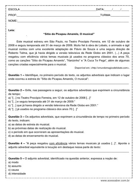 Atividade de Portugues Questoes Sobre Adjunto Adverbial 8º Ano PDF | PDF