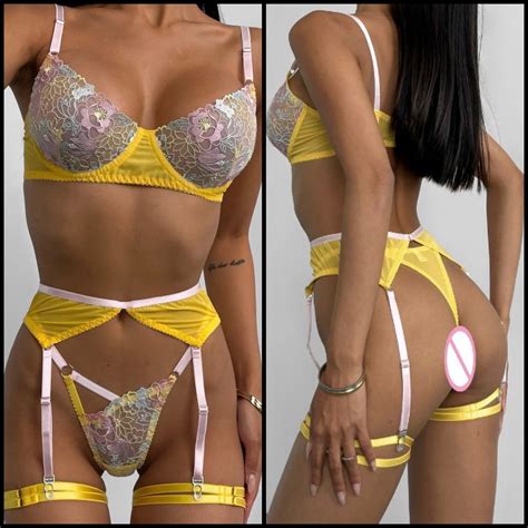 Women Sexy Yellow Floral Lingerie Set Shehot Fashion