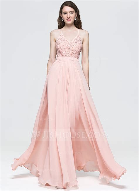 A Line Princess V Neck Floor Length Chiffon Prom Dress With Beading