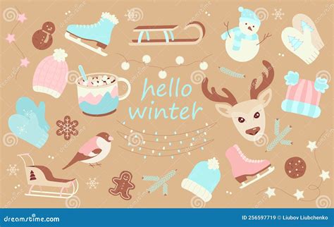 Winter Nude Collection Of Items Hello Winter Set Warm Clothes Snowman Can Be Used As Icons
