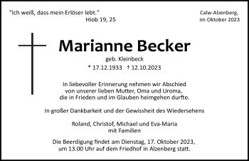 Traueranzeigen von Marianne Becker Schwarzwälder Bote Trauer