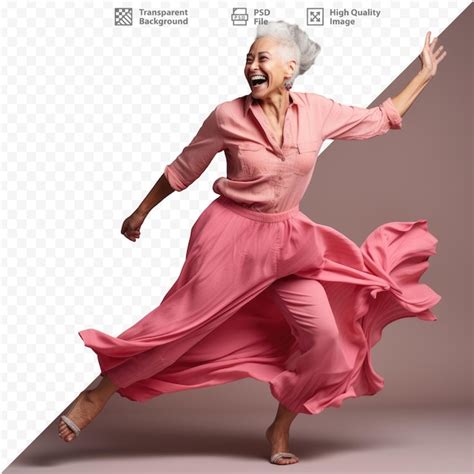 Premium PSD | An old woman dancing with a pink dress on her back.