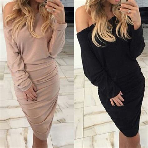 Sexy Slash Neck Long Sleeve Solid Color Slim Fit Dress