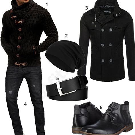 Schwarzes Herrenoutfit Mit Strickpullover Und Mantel Outfits You De