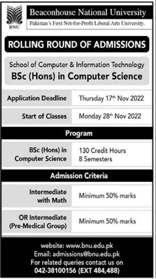 Beaconhouse National University Admissions 2022 2024 Government