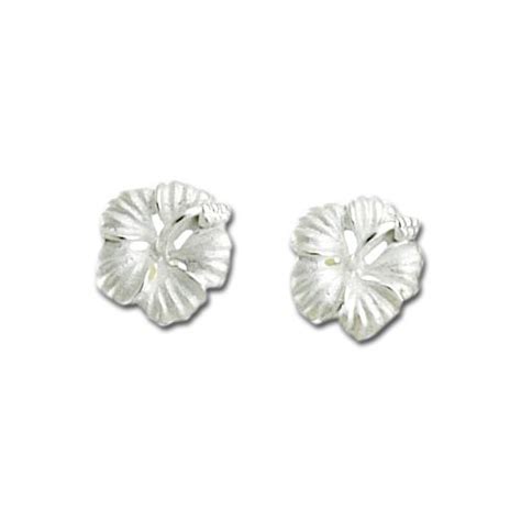 Sterling Silver Hibiscus Flower Stud Earrings With White Sand Finish