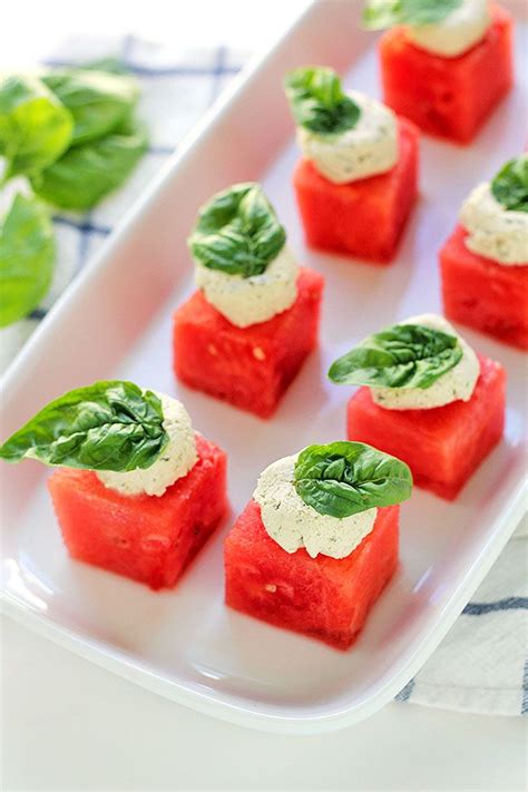 Watermelon Bites With Cashew Cheese And Basil In Sonnet S Kitchen Watermelon Snack Cashew