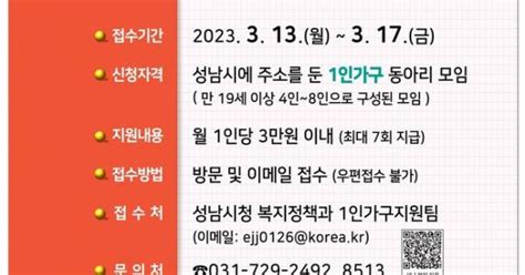 성남시 1인 가구 동아리 연간 최대 21만원 지원 한국인포맥스