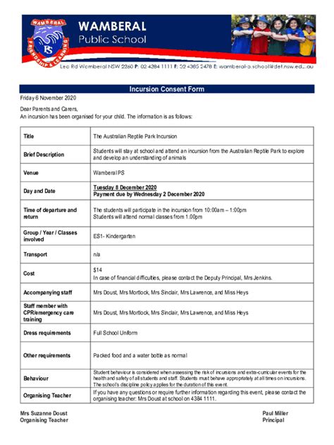 Fillable Online Excursion Information And Consent Form Dear Parents