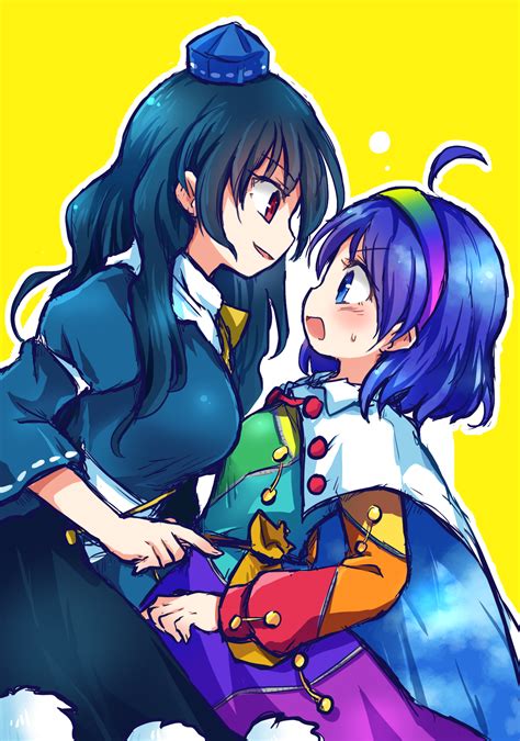 Safebooru Asymmetrical Docking Blue Dress Blue Hair Blush Breast Envy