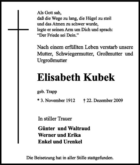 Traueranzeigen Von Elisabeth Kubek Trauer In NRW De