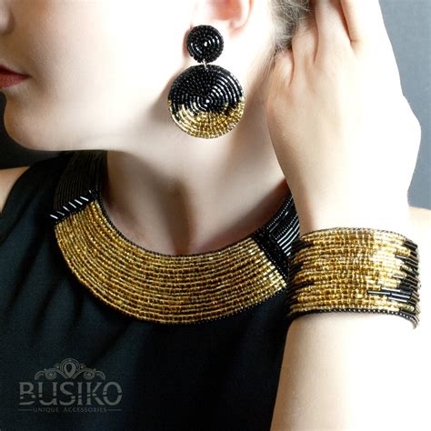 Black And Gold Collar Necklace Bib Statement Necklace Bead Etsy Chunky Earrings Emerald