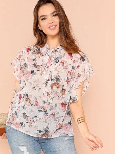 Shein Plus Flutter Sleeve Tied Neck Floral Blouse Blouses For Women