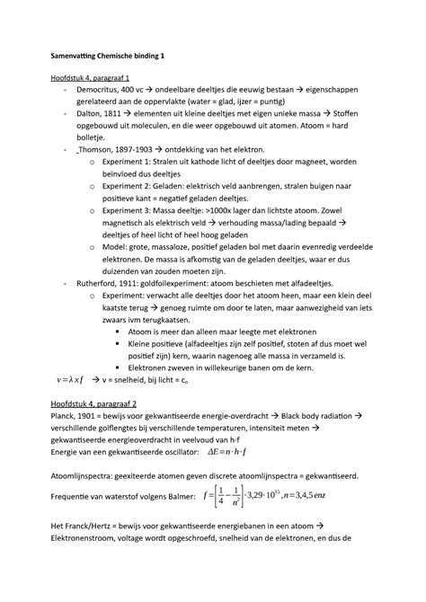 Samenvatting Chemische Binding 1 Atoom Hard Bolletje Thomson
