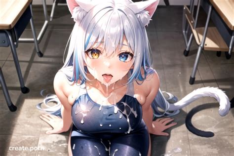 Cat Ears Multi Colored Hair Cat Tail AI Porn