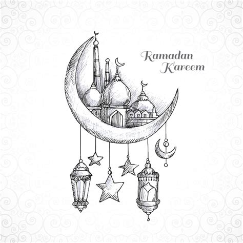 Fondo De Tarjeta De Bosquejo De Luna Y Mezquita Islámica De Ramadan