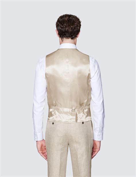 Men S Beige Linen Herringbone Tailored Fit Italian Waistcoat